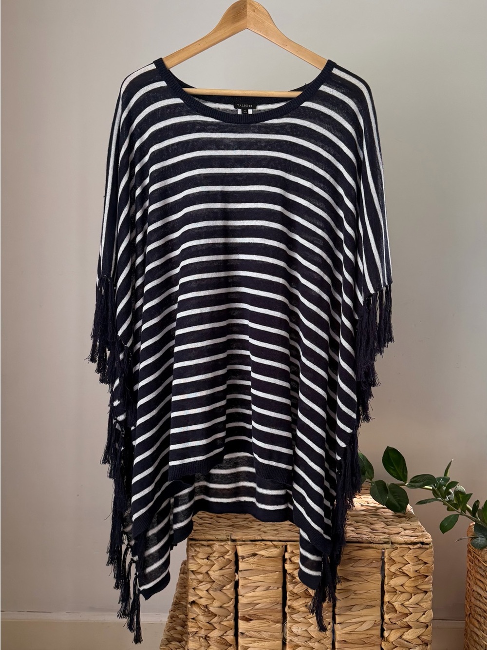 Women's TALBOTS Navy Blue & White Striped Linen Blend Poncho Cape Sweater Medium